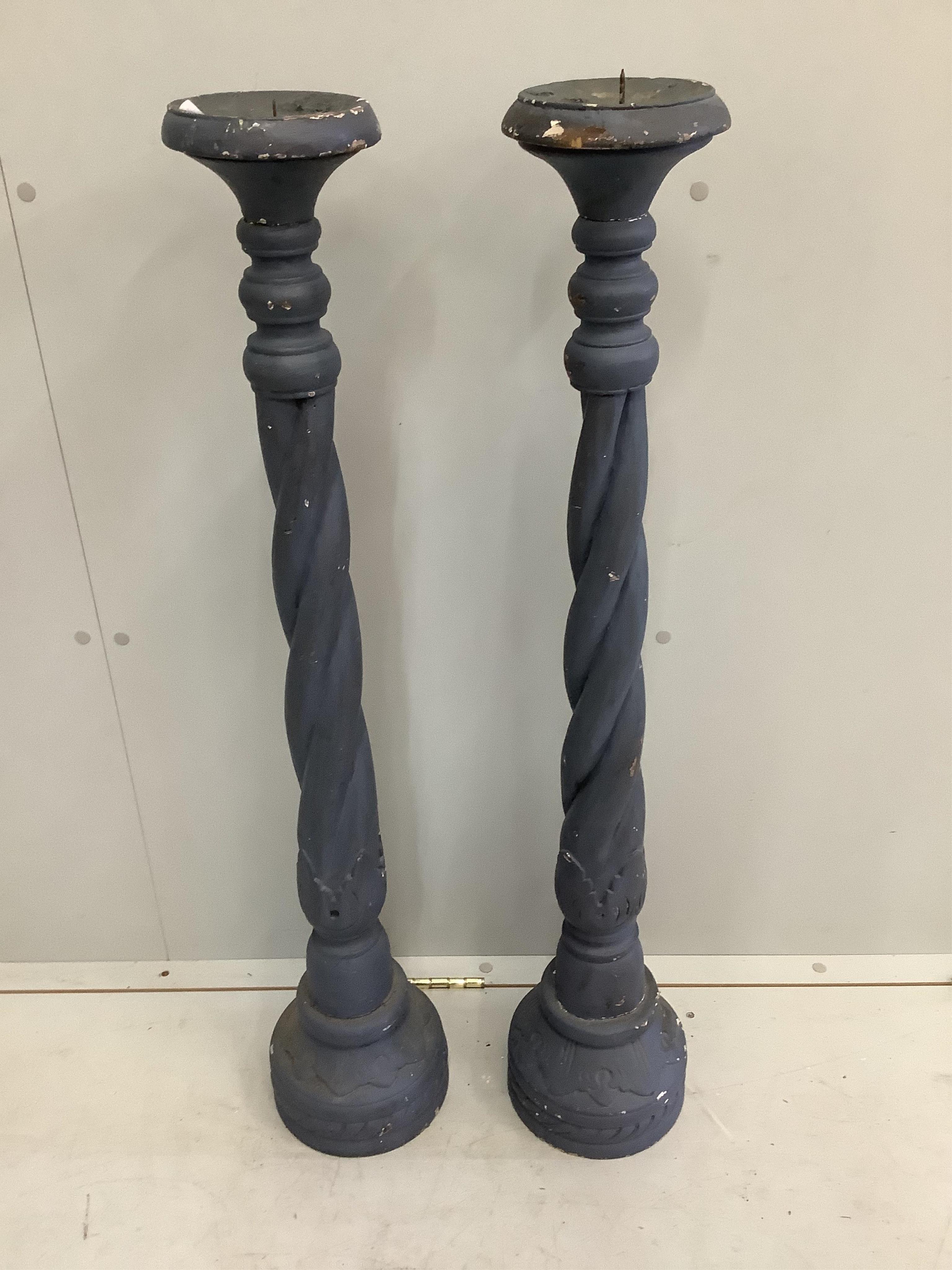 A pair of 18th century style painted carved wood pricket candle stands, height 98cm